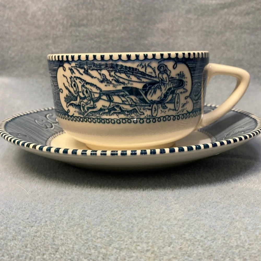 Blue CURRIER AND IVES BLUE CHINA COFFEE CUP AND SAUCER
